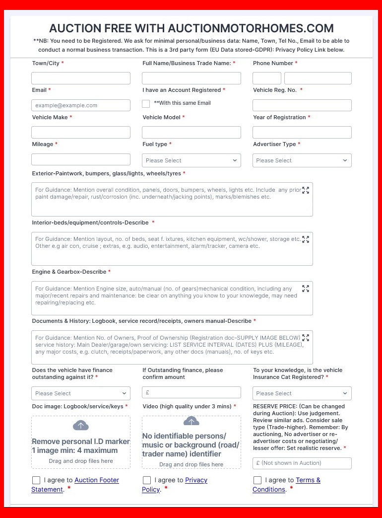 Form to list a motor home free to auction